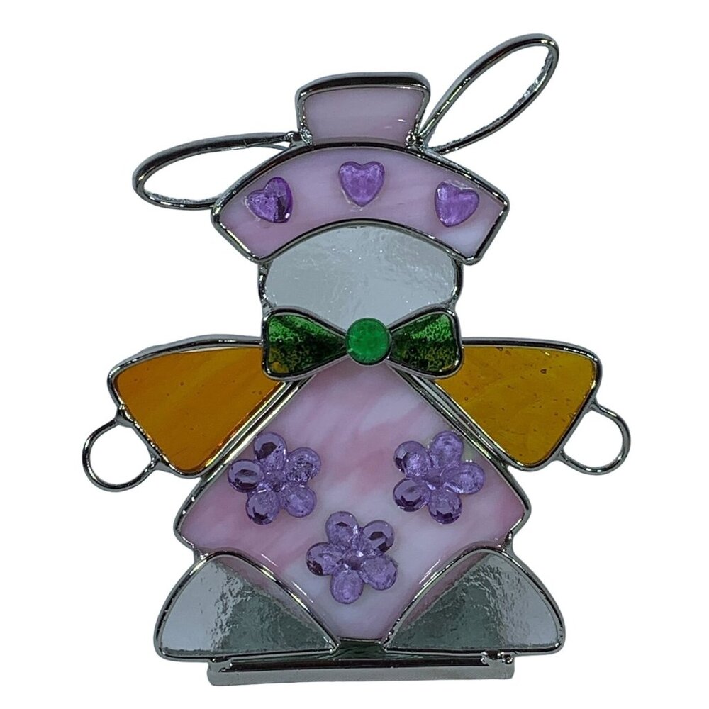 Vintage Stained Glass Bunny Candle Holder Tealight Girl Easter Flowers 5.5 in